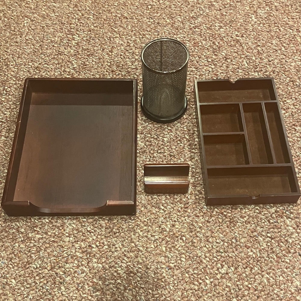 Brown Desk Wood & Metal Organizers